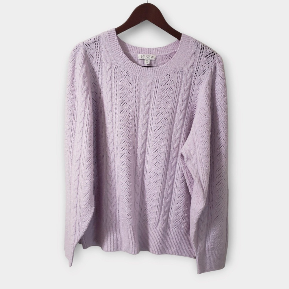 J.Crew Womens Pointelle Cable Knit Puff Sleeve Sweater Lilac Purple XXL BM204